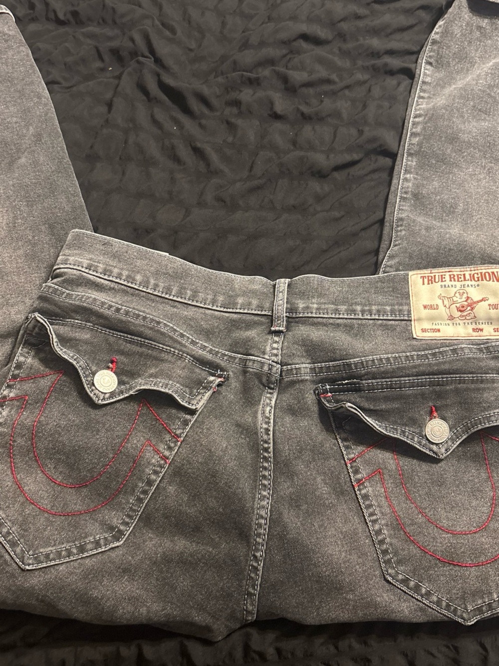 True Religion Women's Gray Washed Bootcut Jeans with Red Stitching
